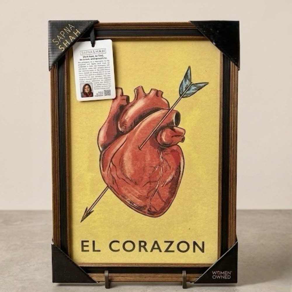 SAPNA SHAH Framed Canvas Print "La Lotería" EL CORAZON Heart Mexican Folk Art